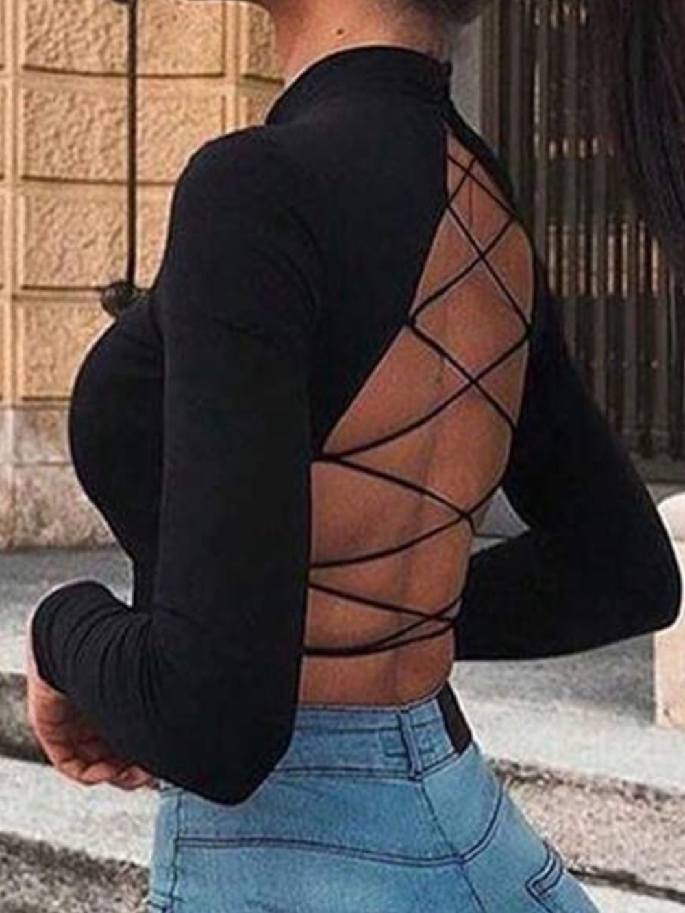 Women’s Black Long Sleeve Crop Top - Classic Stretch backless